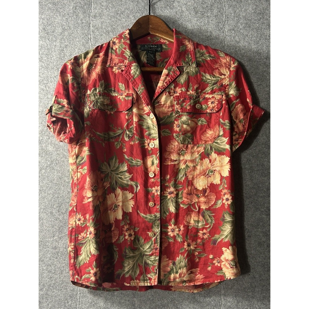 Lauren Ralph Petite P/S 100% Linen Red Floral Button Front Roll Tab Short Sleeve